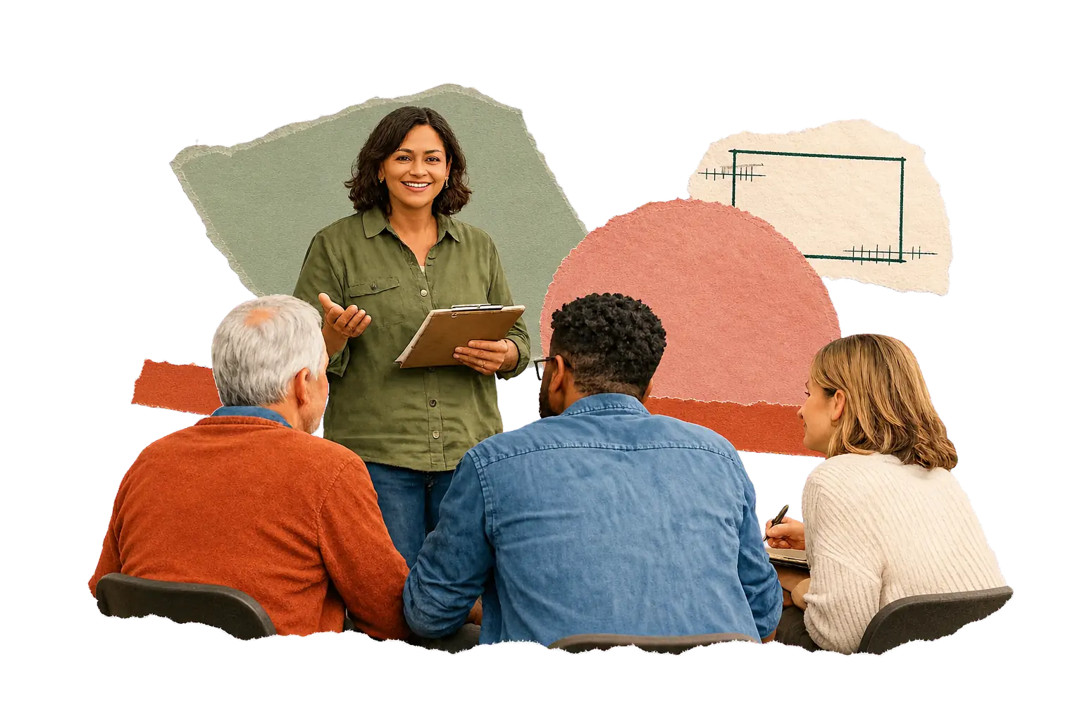 A community leader guides three seated partners through an implementation plan.
