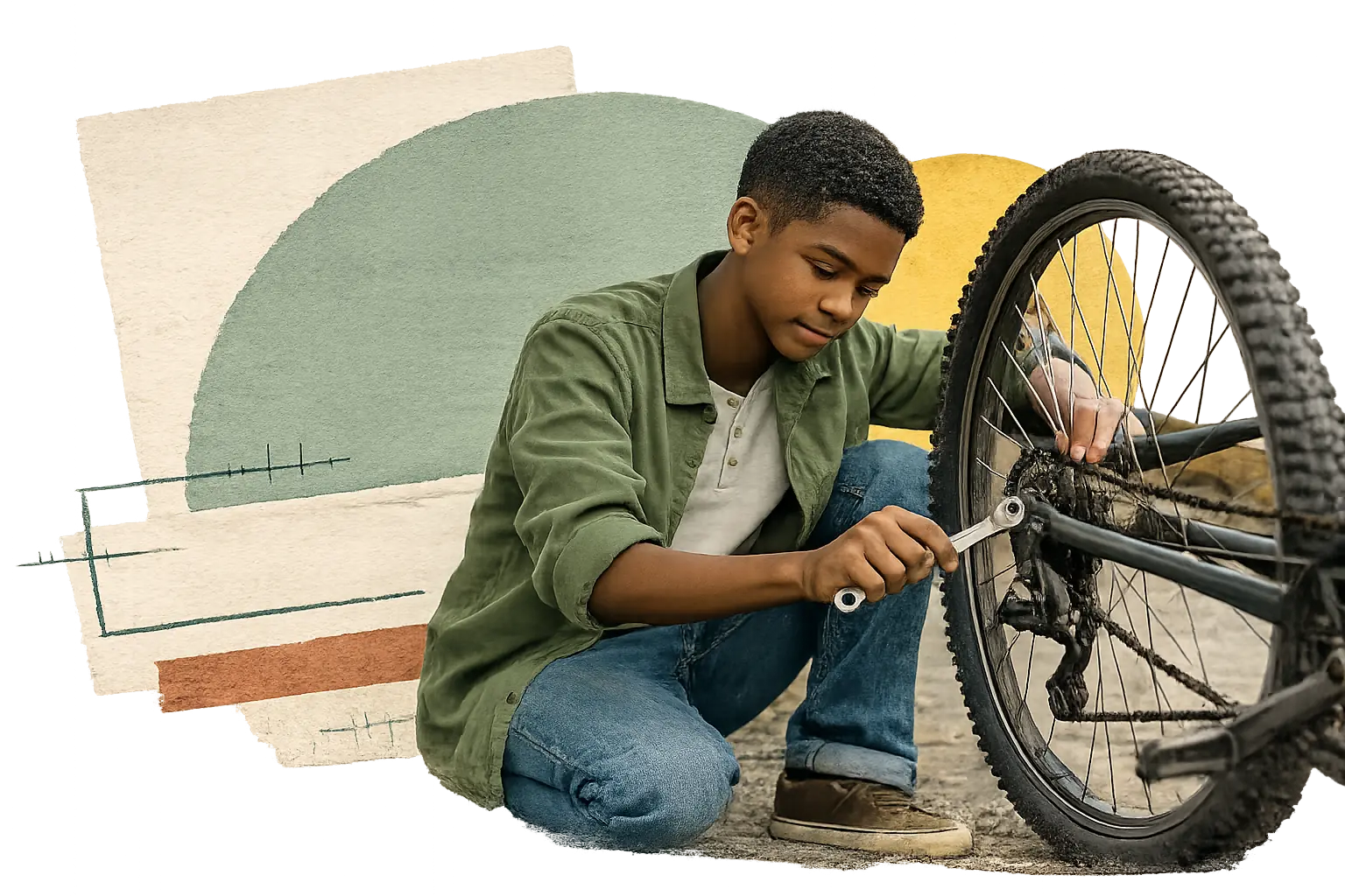 A young community member repairs a bicycle while considering a practical local need.